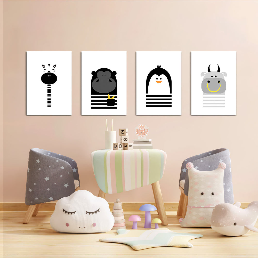 Black and White Animals Zebra Gorilla Penguin Hippo 4 Pieces Kids Metal Wall Art.