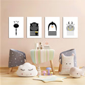 Black and White Animals Zebra Gorilla Penguin Hippo 4 Pieces Kids Metal Wall Art.