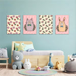 Doodle Cat Bunny Floral Folk 4 Pieces Kids Metal Wall Art.