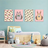 Doodle Cat Bunny Floral Folk 4 Pieces Kids Metal Wall Art.