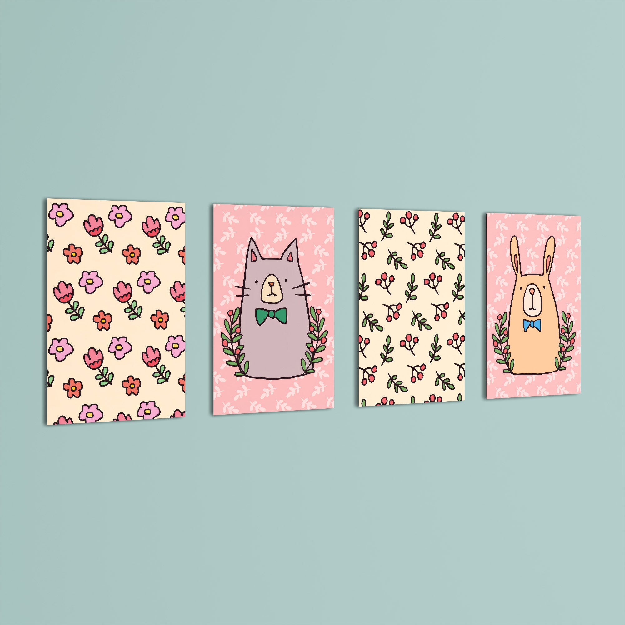 Doodle Cat Bunny Floral Folk 4 Pieces Kids Metal Wall Art.