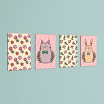 Doodle Cat Bunny Floral Folk 4 Pieces Kids Metal Wall Art.