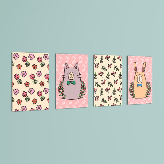Doodle Cat Bunny Floral Folk 4 Pieces Kids Metal Wall Art.