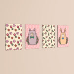Doodle Cat Bunny Floral Folk 4 Pieces Kids Metal Wall Art.