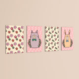 Doodle Cat Bunny Floral Folk 4 Pieces Kids Metal Wall Art.