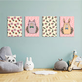 Doodle Cat Bunny Floral Folk 4 Pieces Kids Metal Wall Art.