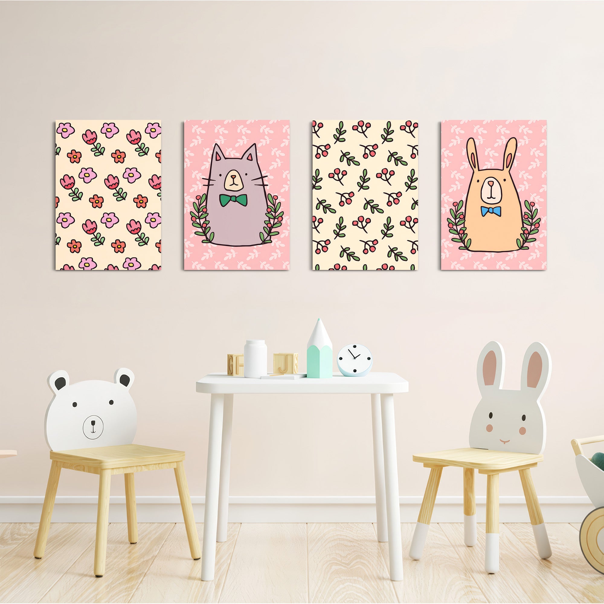 Doodle Cat Bunny Floral Folk 4 Pieces Kids Metal Wall Art.