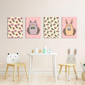 Doodle Cat Bunny Floral Folk 4 Pieces Kids Metal Wall Art.