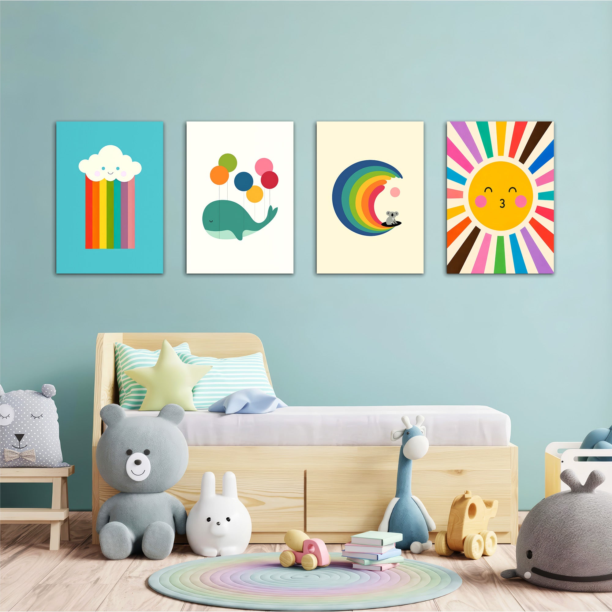 Rainbow Sky Friends 4 Pieces Kids Metal Wall Art.