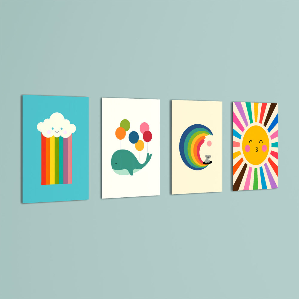 Rainbow Sky Friends 4 Pieces Kids Metal Wall Art.