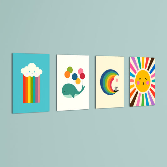 Rainbow Sky Friends 4 Pieces Kids Metal Wall Art.