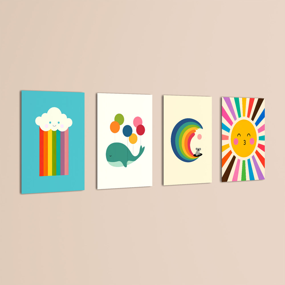 Rainbow Sky Friends 4 Pieces Kids Metal Wall Art.