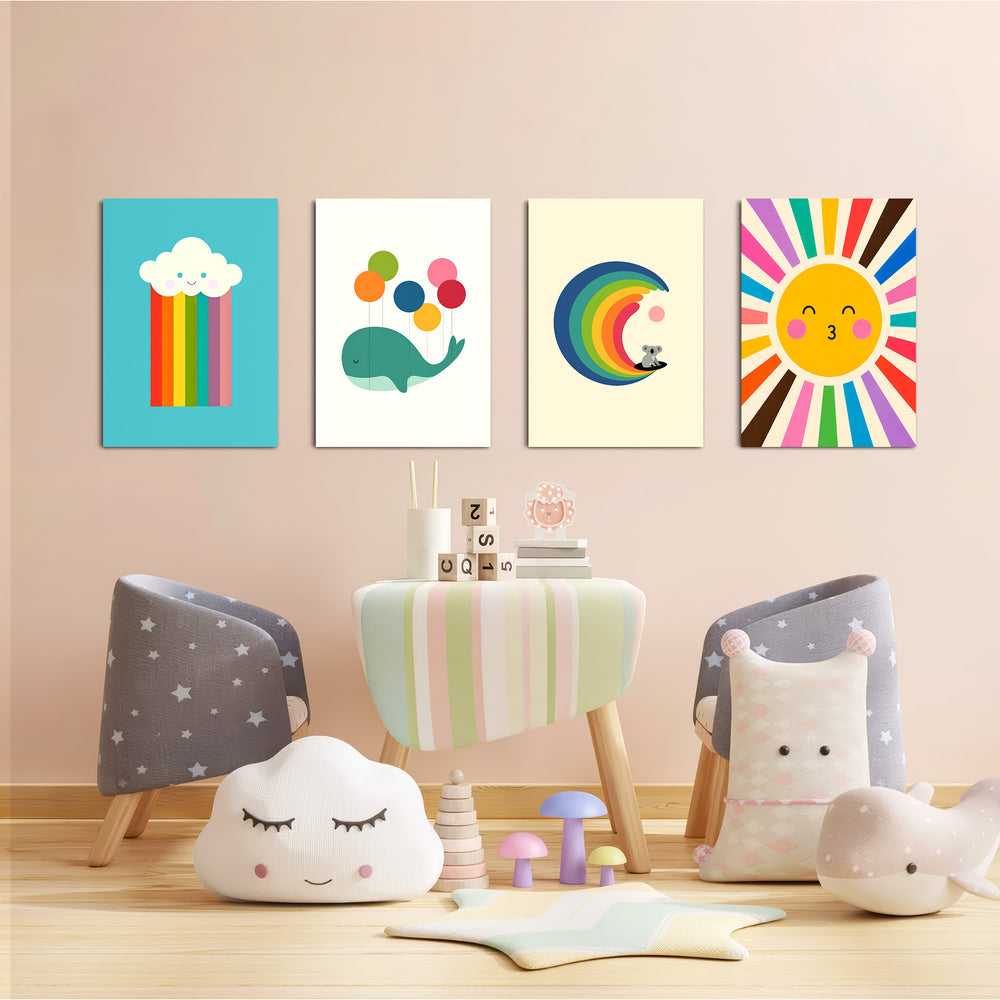 Rainbow Sky Friends 4 Pieces Kids Metal Wall Art.