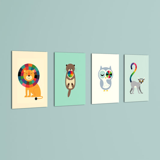 Geometric Rainbow Animals 4 Pieces Kids Metal Wall Art.