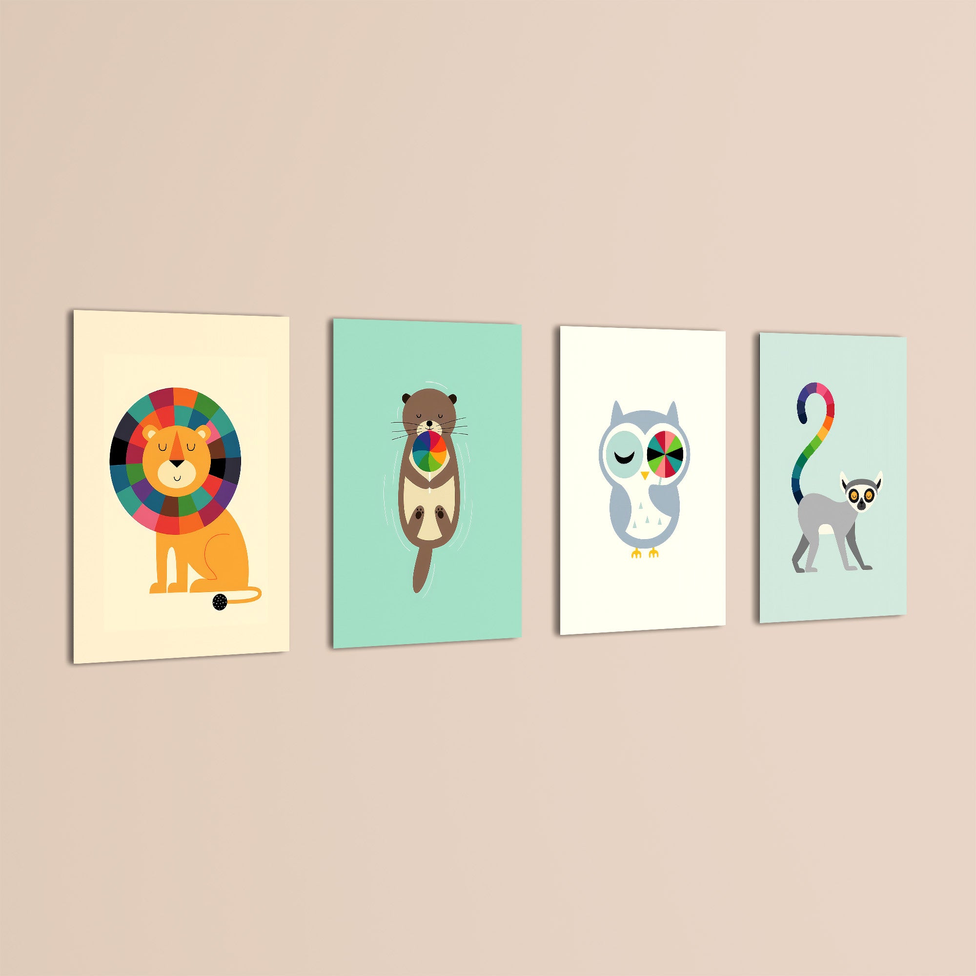 Geometric Rainbow Animals 4 Pieces Kids Metal Wall Art.