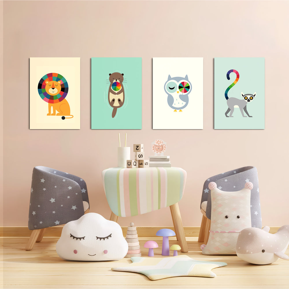Geometric Rainbow Animals 4 Pieces Kids Metal Wall Art.