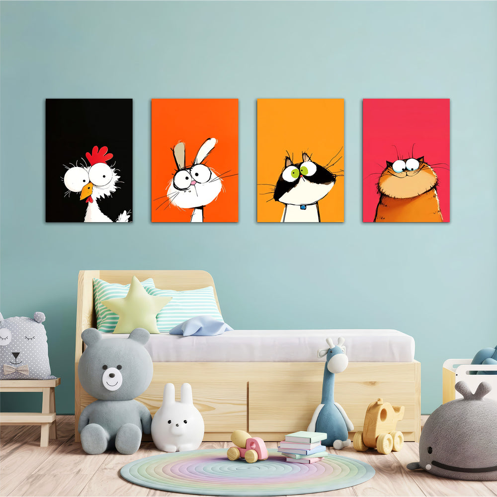 Funny Big-Eyed Pets 4 Pieces Kids Metal Wall Art.