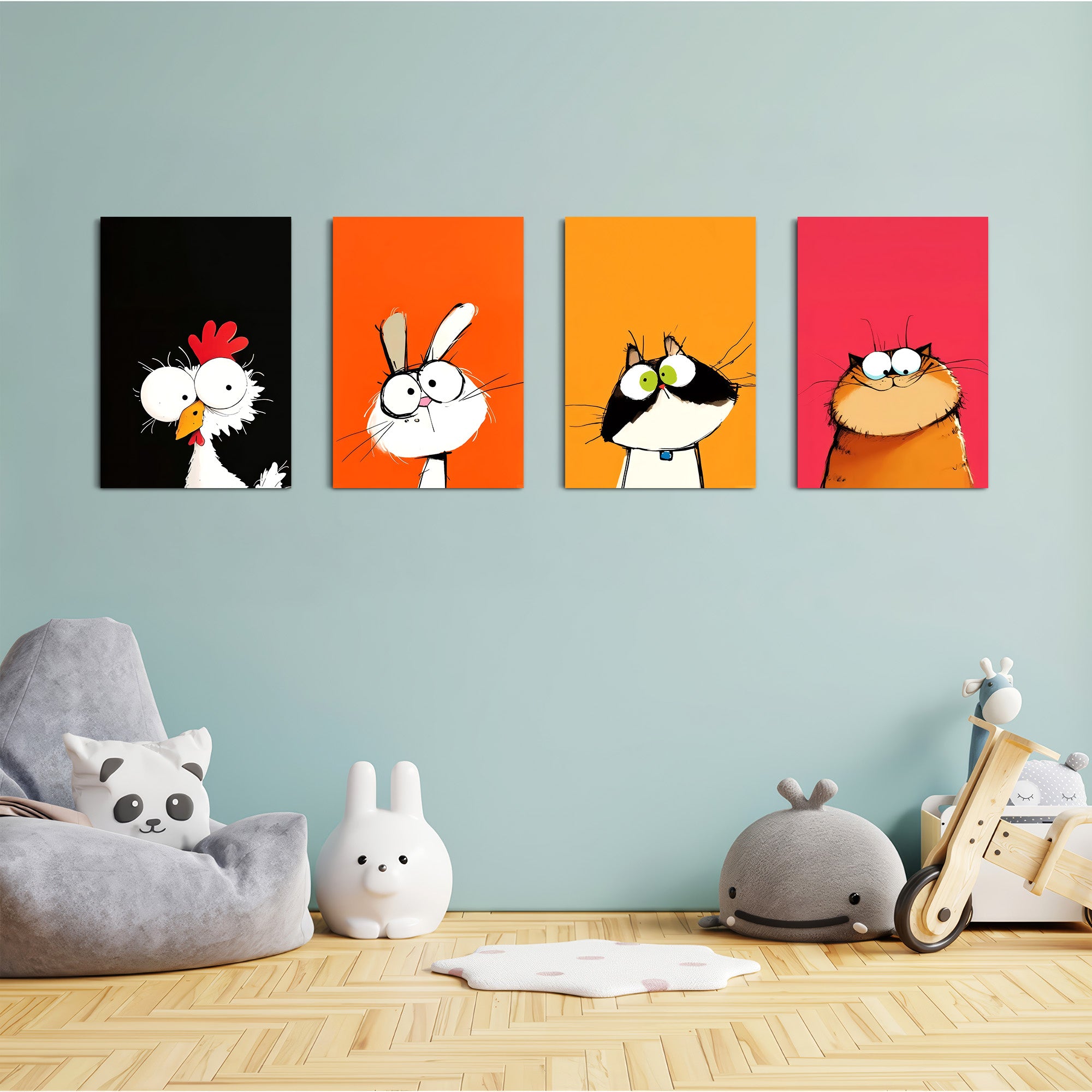 Funny Big-Eyed Pets 4 Pieces Kids Metal Wall Art.
