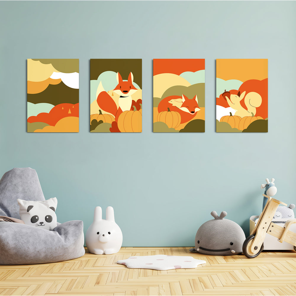 Autumn Forest Friends 4 Pieces Kids Metal Wall Art.