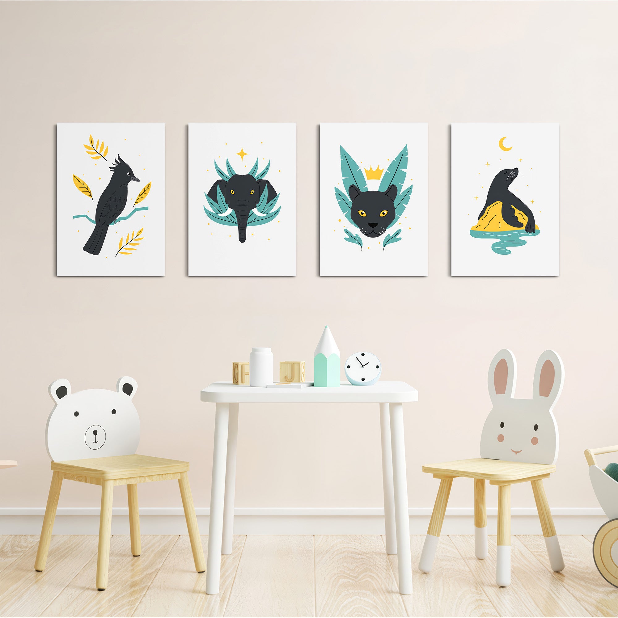 Mystic Night Animals 4 Pieces Kids Metal Wall Art.