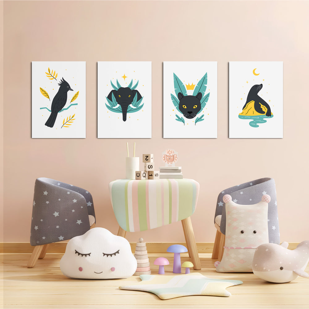 Mystic Night Animals 4 Pieces Kids Metal Wall Art.
