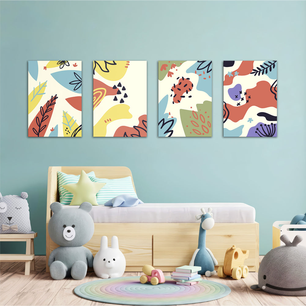 Abstract Doodle Shapes 4 Pieces Kids Metal Wall Art.