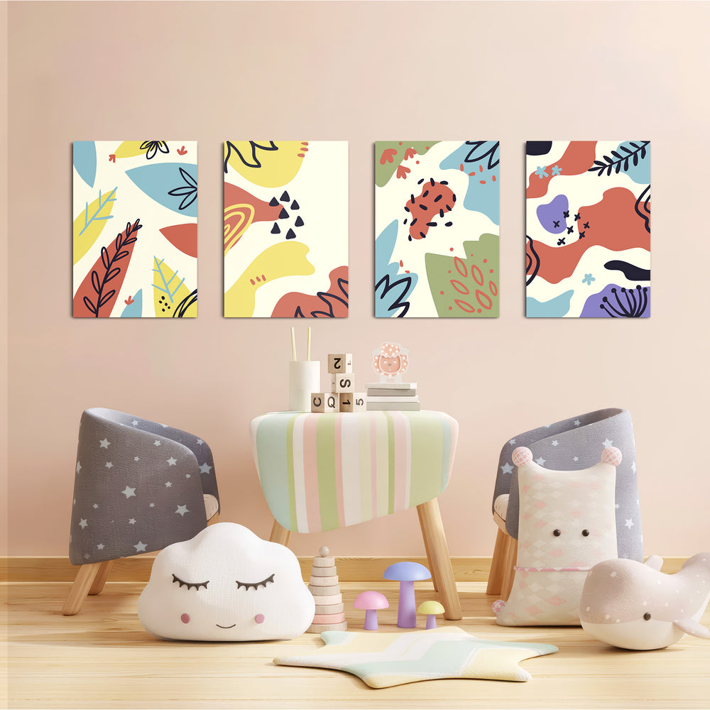 Abstract Doodle Shapes 4 Pieces Kids Metal Wall Art.