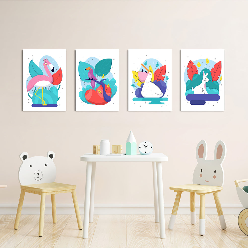 Tropical Exotic Birds 4 Pieces Kids Metal Wall Art.