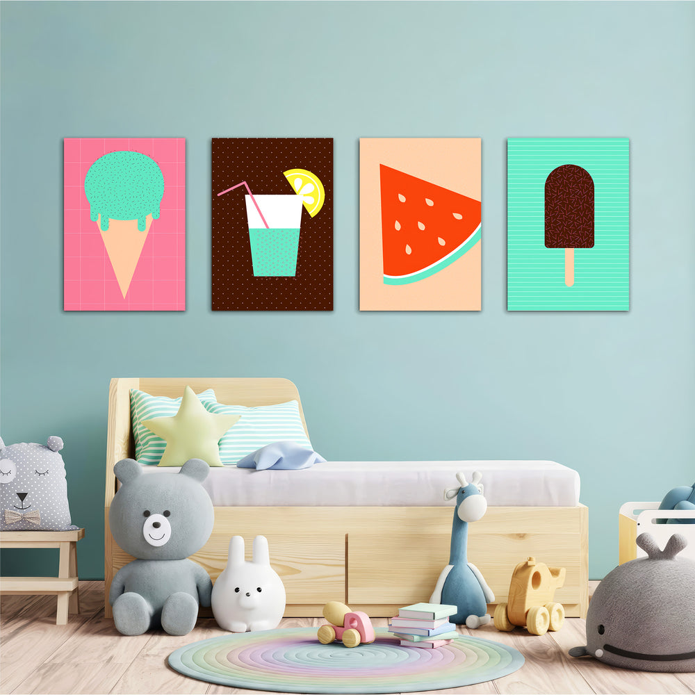 Retro Summer Treats 4 Pieces Kids Metal Wall Art.