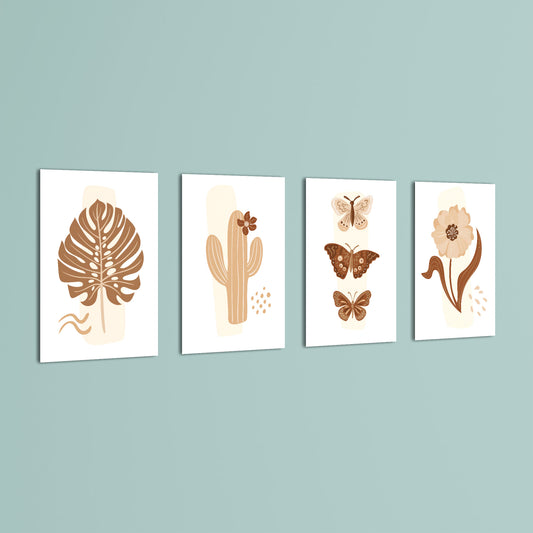 Boho Botanical Cactus & Butterfly 4 Pieces Kids Metal Wall Art.