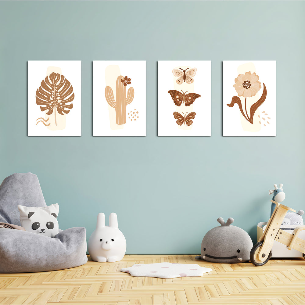 Boho Botanical Cactus & Butterfly 4 Pieces Kids Metal Wall Art.