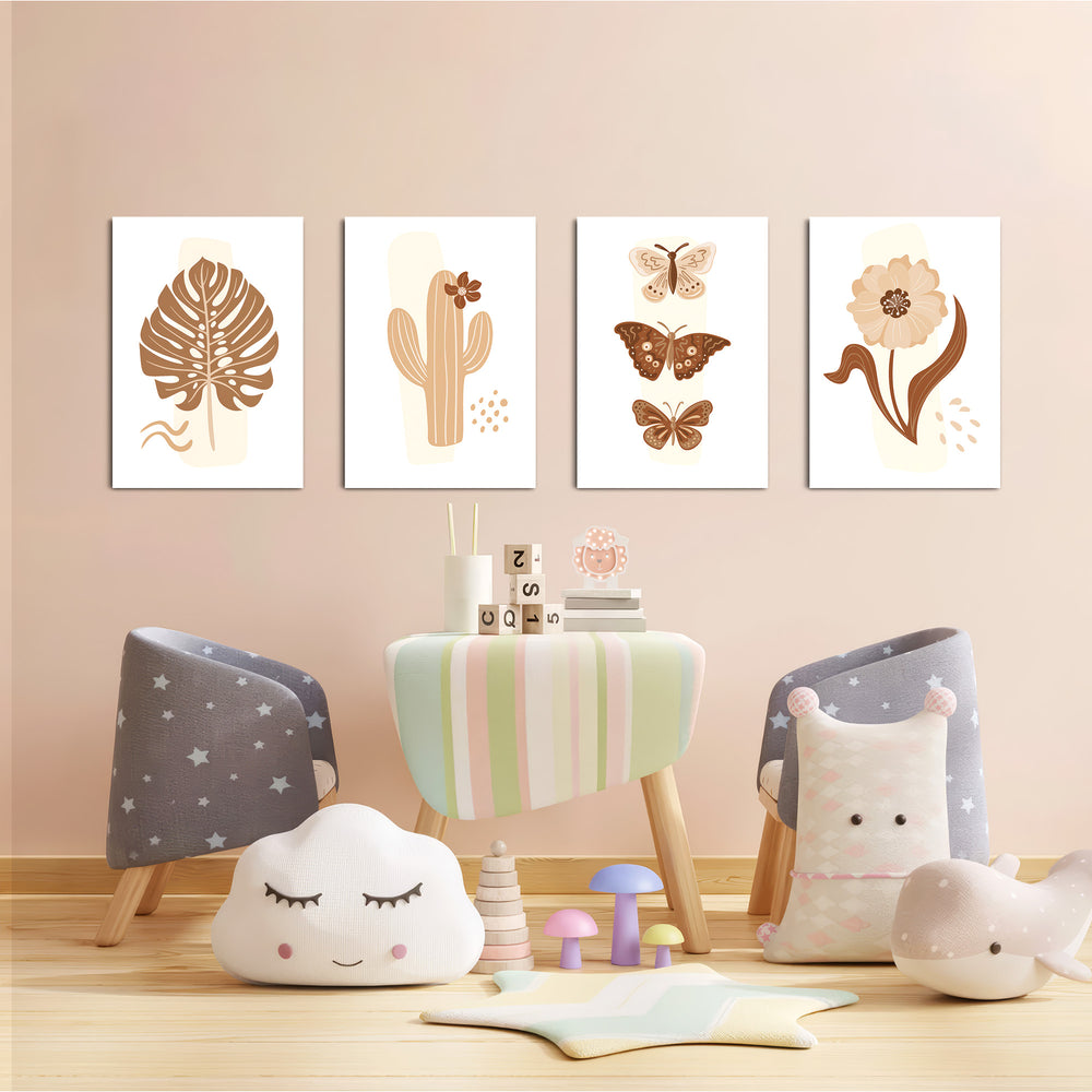 Boho Botanical Cactus & Butterfly 4 Pieces Kids Metal Wall Art.