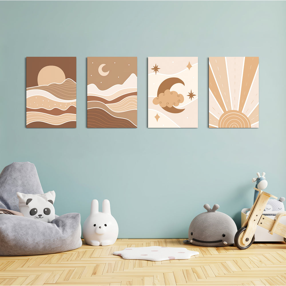 Boho Celestial Sun & Moon 4 Pieces Kids Metal Wall Art.