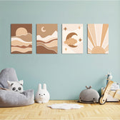 Boho Celestial Sun & Moon 4 Pieces Kids Metal Wall Art.