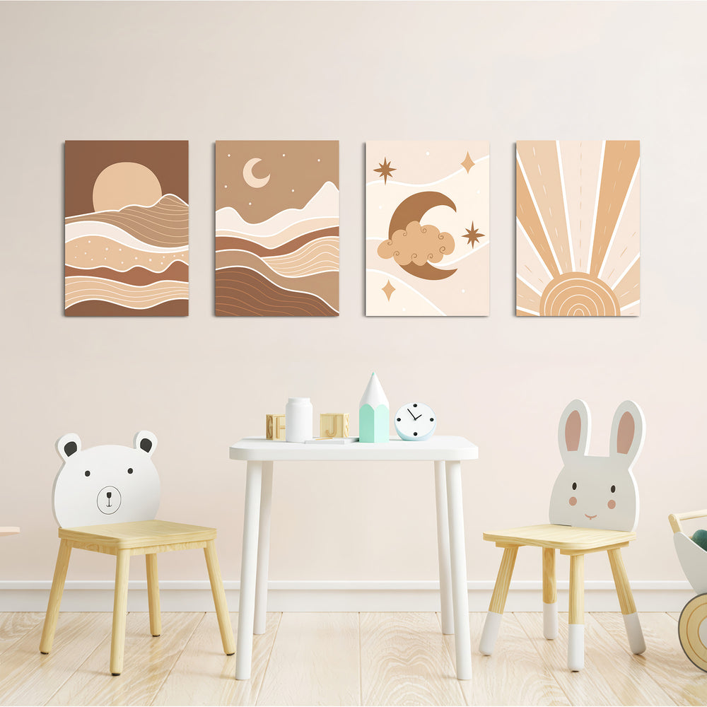 Boho Celestial Sun & Moon 4 Pieces Kids Metal Wall Art.