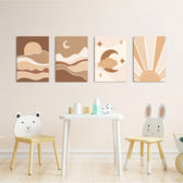 Boho Celestial Sun & Moon 4 Pieces Kids Metal Wall Art.