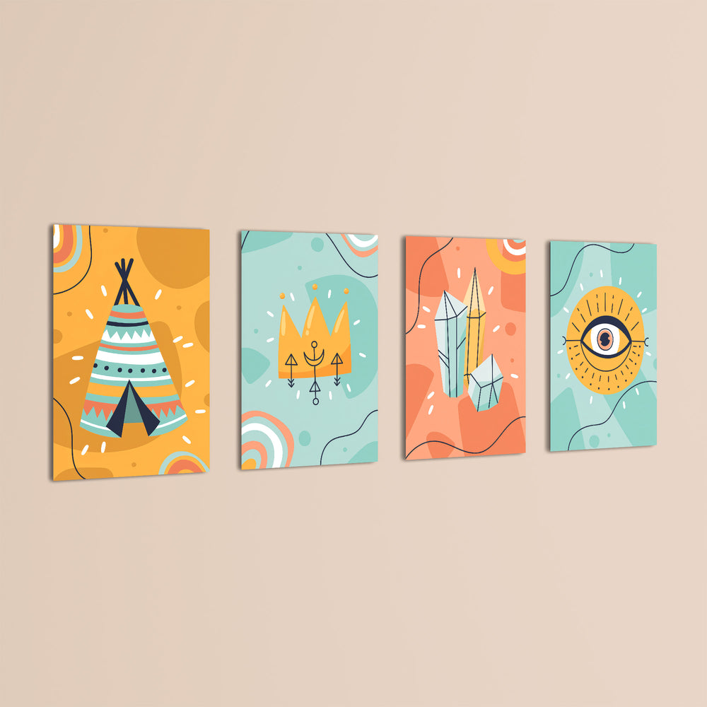Boho Tribal Teepee & Evil Eye 4 Pieces Kids Metal Wall Art.