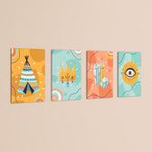 Boho Tribal Teepee & Evil Eye 4 Pieces Kids Metal Wall Art.