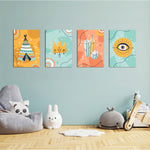 Boho Tribal Teepee & Evil Eye 4 Pieces Kids Metal Wall Art.