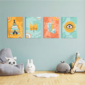 Boho Tribal Teepee & Evil Eye 4 Pieces Kids Metal Wall Art.