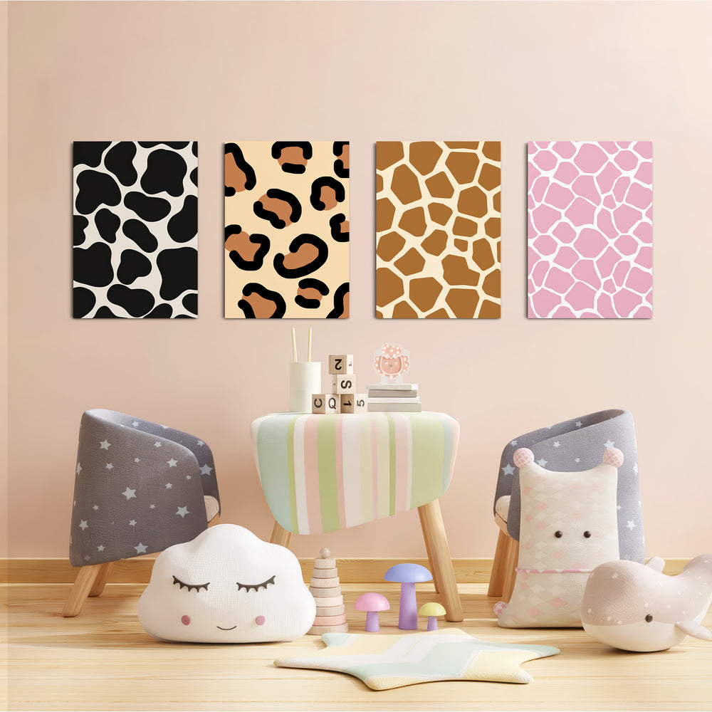 Animal Print Cow Leopard Giraffe 4 Pieces Kids Metal Wall Art.