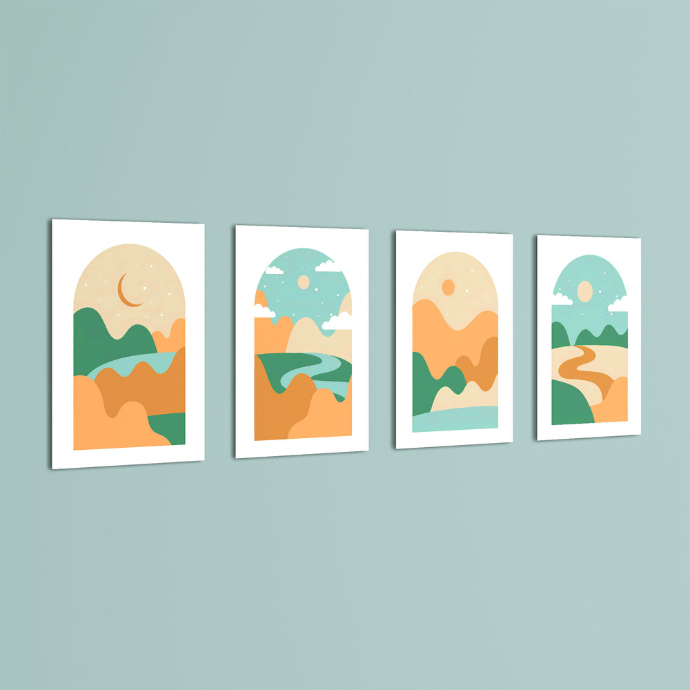 Boho Arch Rolling Hills Landscape 4 Pieces Kids Metal Wall Art.