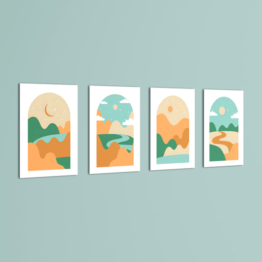 Boho Arch Rolling Hills Landscape 4 Pieces Kids Metal Wall Art.