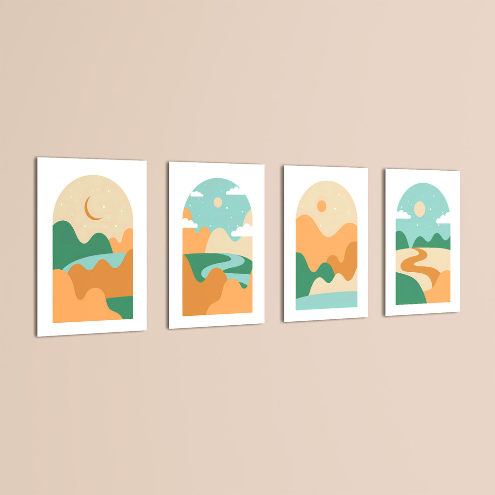 Boho Arch Rolling Hills Landscape 4 Pieces Kids Metal Wall Art.