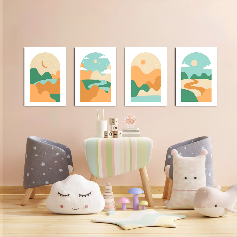 Boho Arch Rolling Hills Landscape 4 Pieces Kids Metal Wall Art.