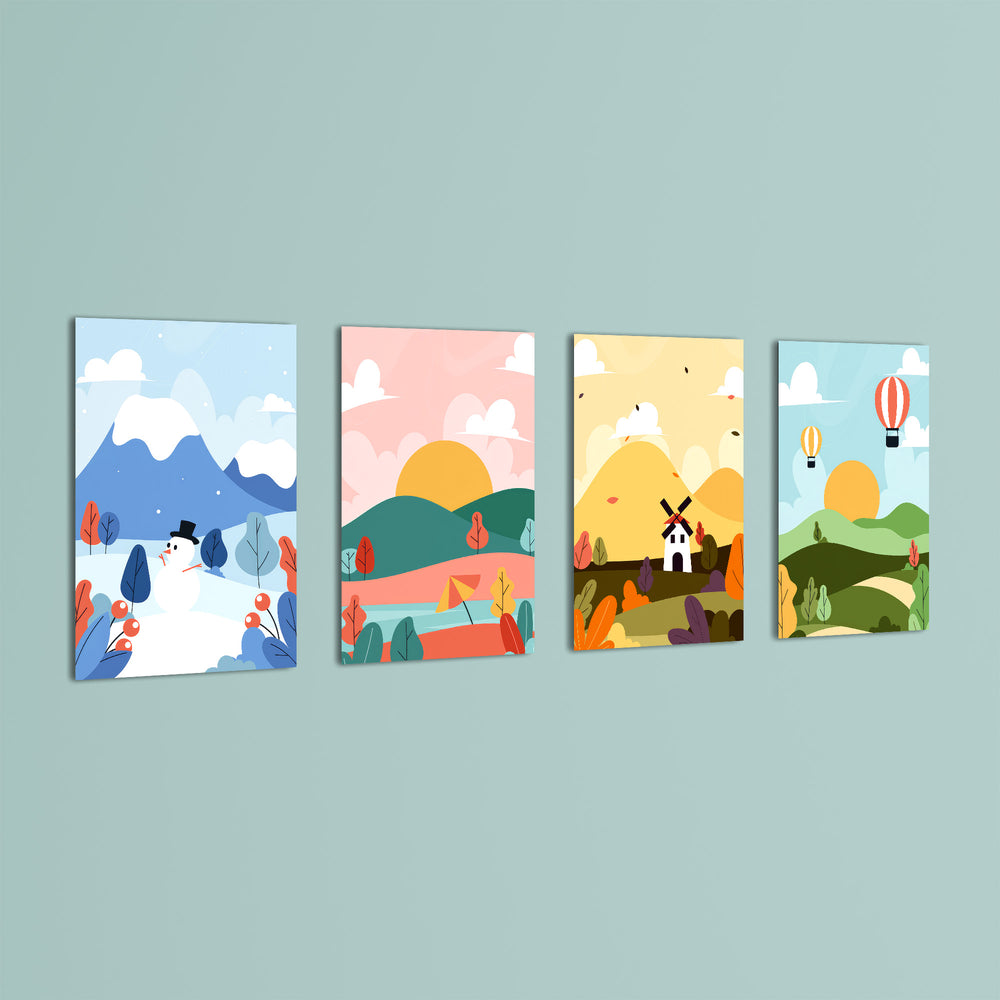 Four Seasons Storybook Landscape 4 Pieces Kids Metal Wall Art.