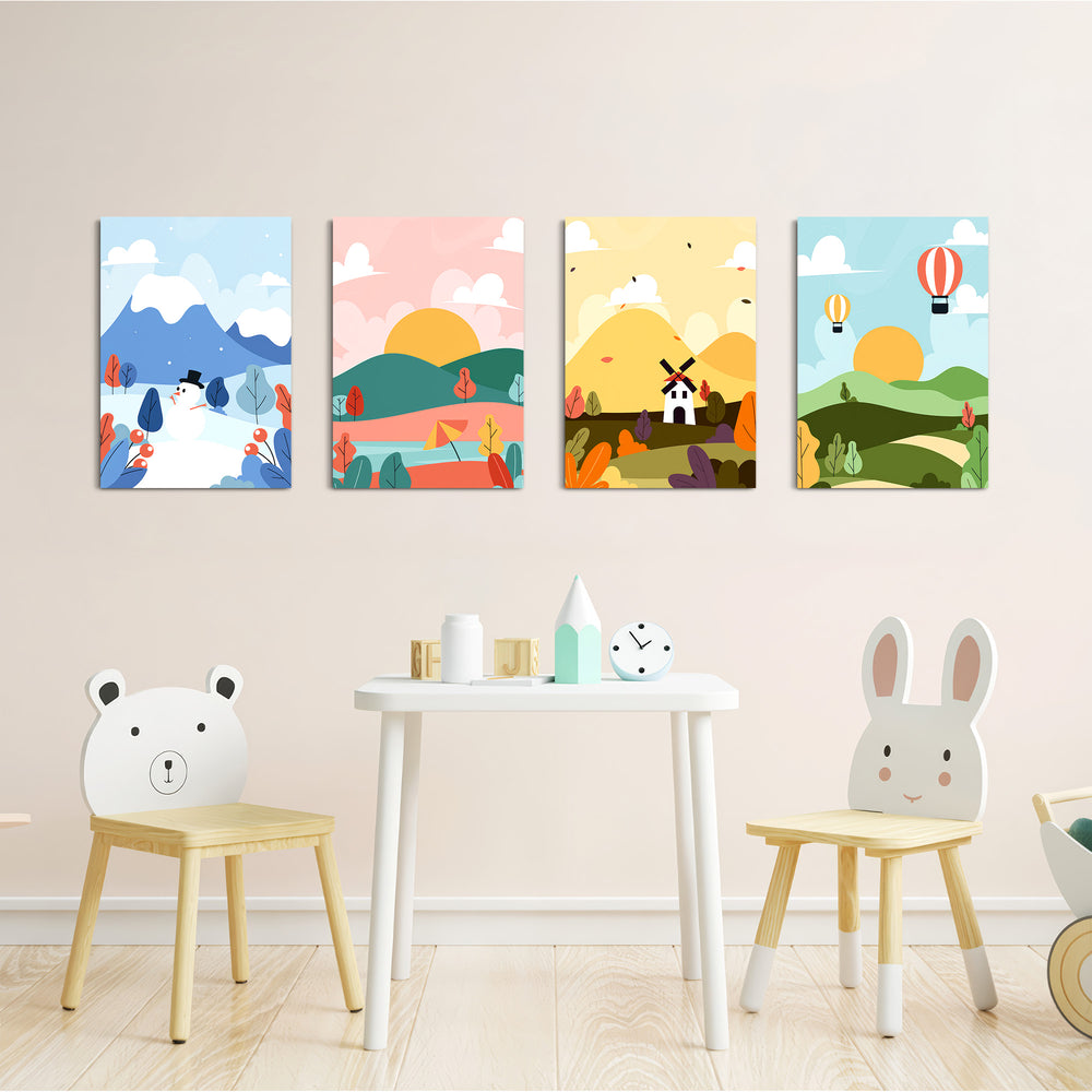 Four Seasons Storybook Landscape 4 Pieces Kids Metal Wall Art.