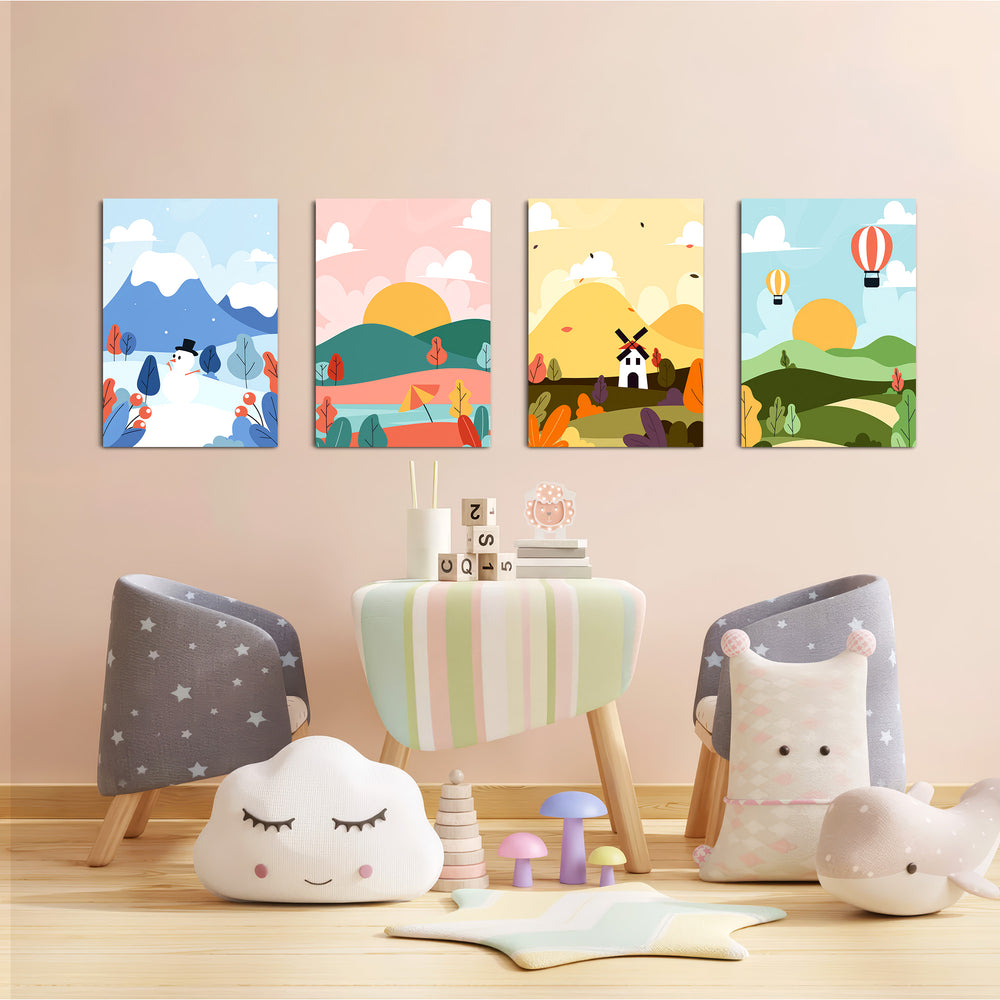 Four Seasons Storybook Landscape 4 Pieces Kids Metal Wall Art.