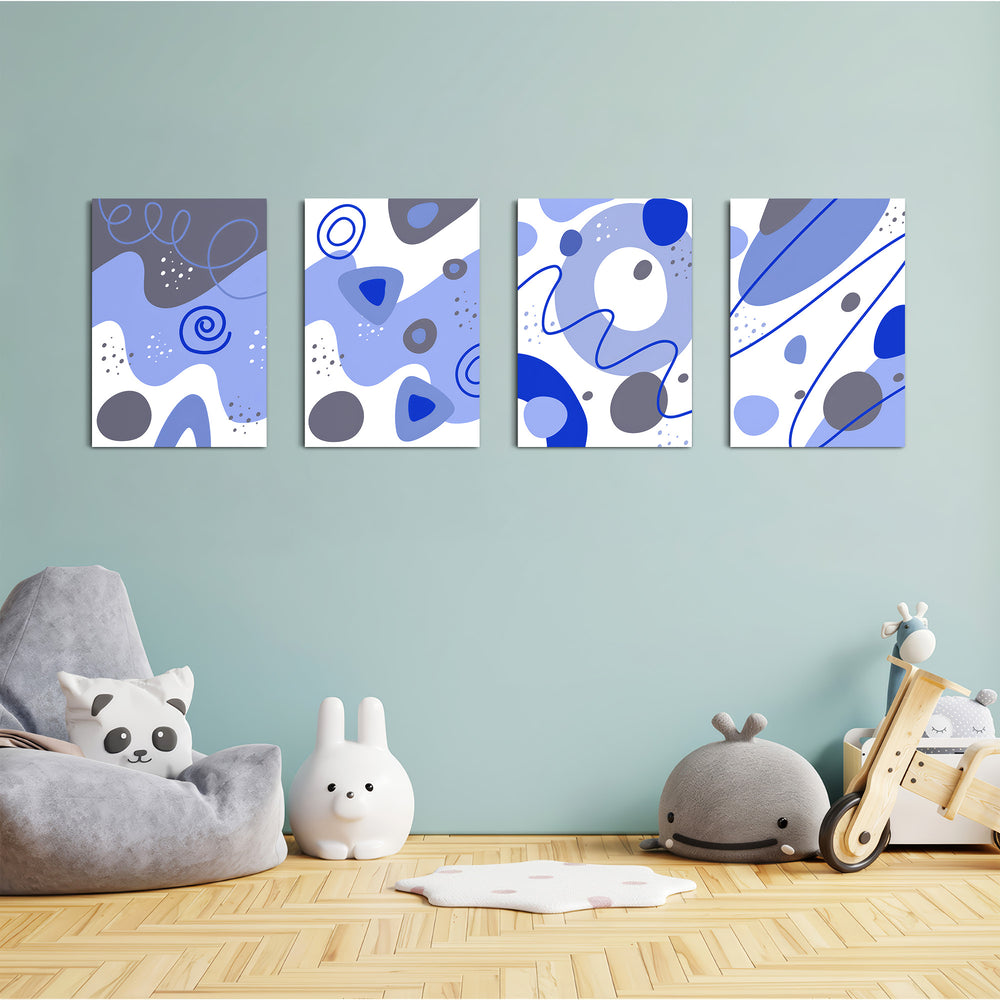 Blue Abstract Organic Shapes 4 Pieces Kids Metal Wall Art.