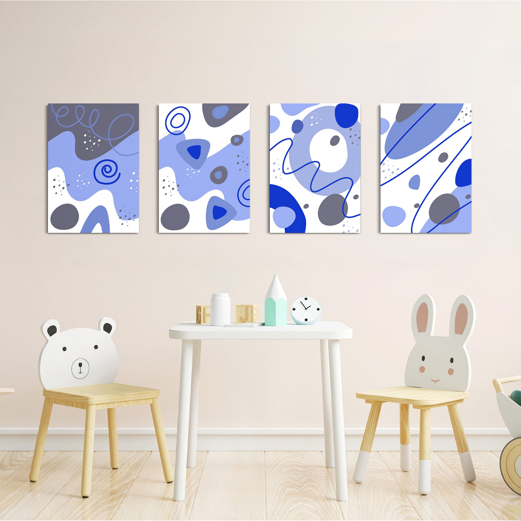 Blue Abstract Organic Shapes 4 Pieces Kids Metal Wall Art.